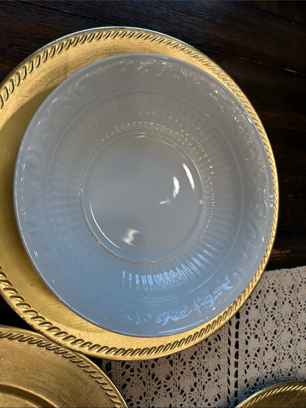 Gorham White Embossed Ceramic Dinner Bowl with Gold Charger Accent